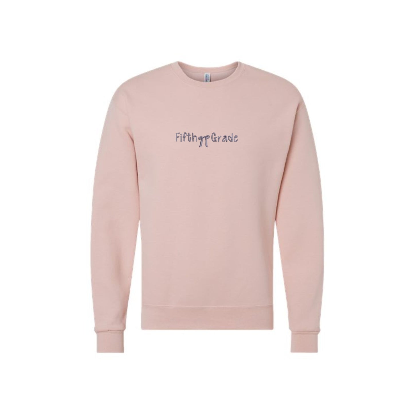 blush pink crewneck sweatshirt with custom fifth grade mini bow embroidered in smokey orchid thread on the center chest