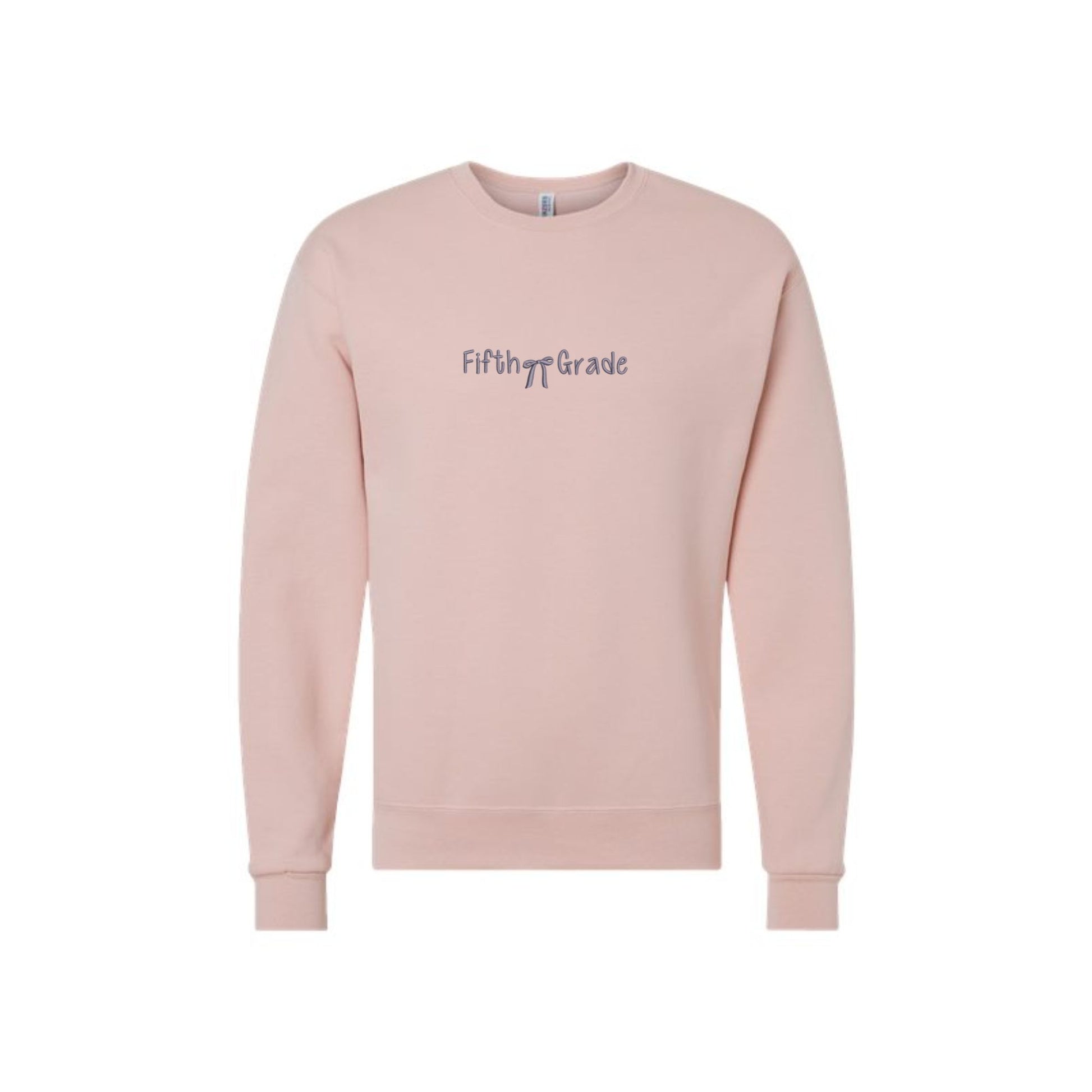 blush pink crewneck sweatshirt with custom fifth grade mini bow embroidered in smokey orchid thread on the center chest