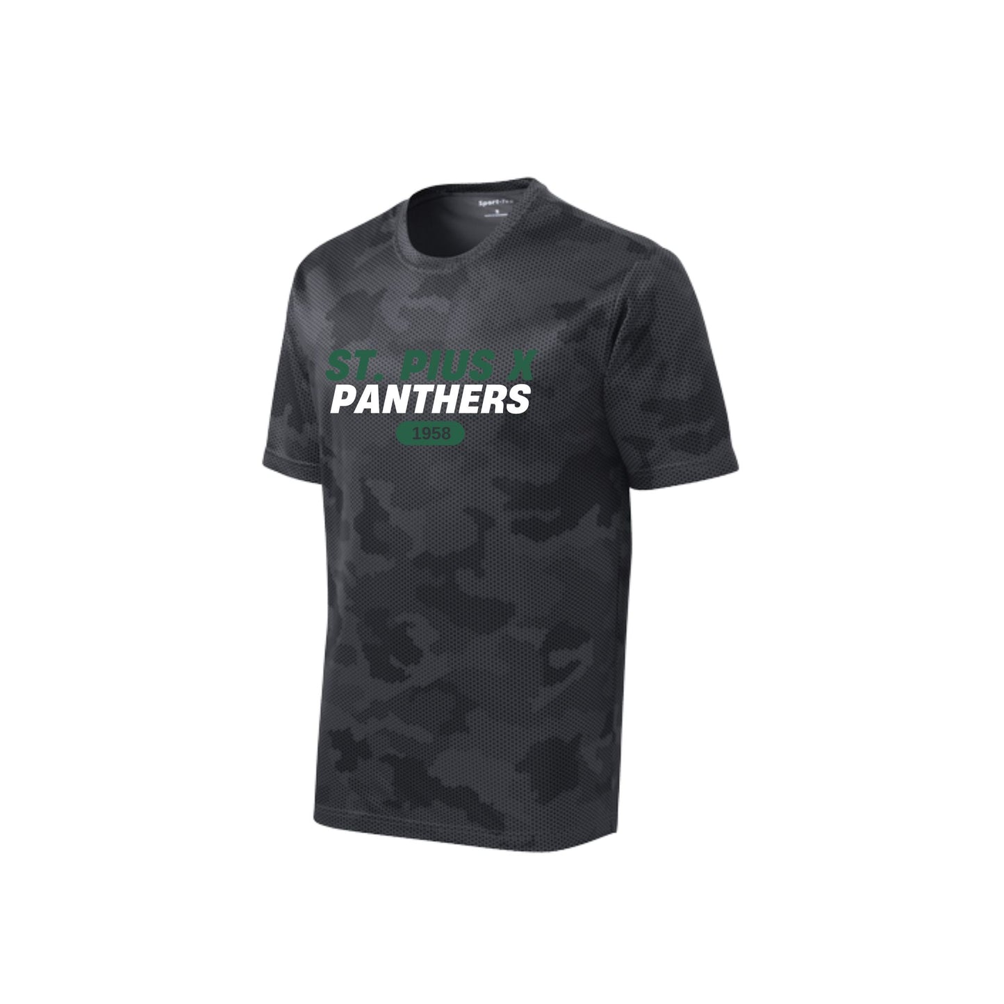 Black camouflage t-shirt with 'St. Pius X Panthers' text on a white background