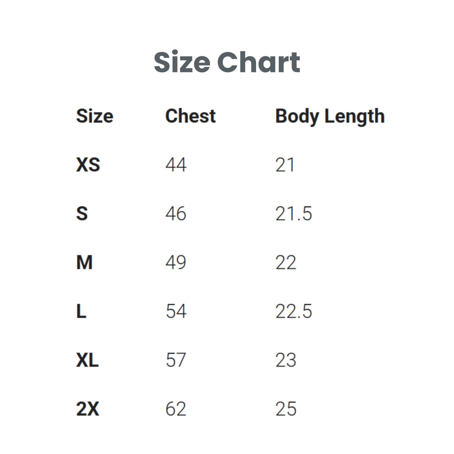 A size chart table showing chest and body length measurements by size, with columns labeled Size, Chest, and Body Length. The sizes listed are XS, S, M, L, XL, and 2X, with measurements in centimeters and inches.