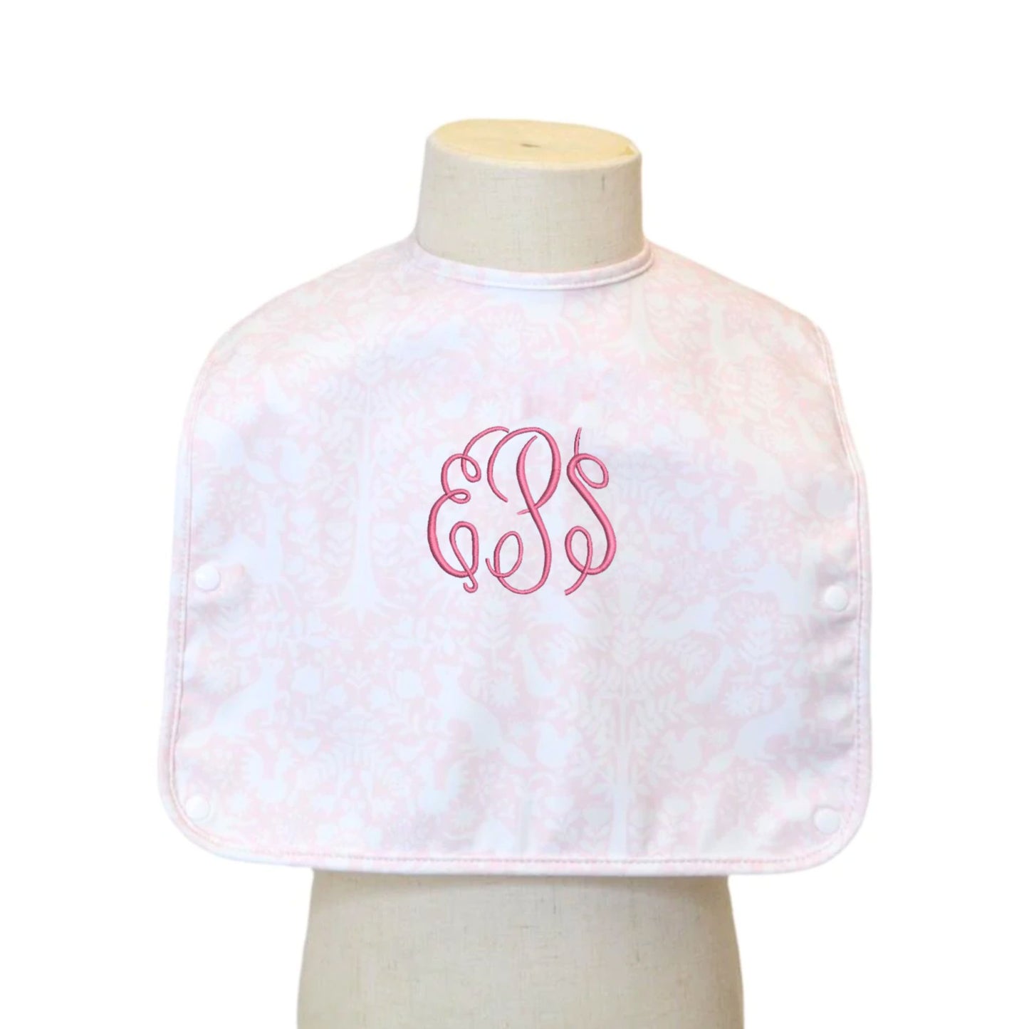 woodland pink baby bib with name embroidery