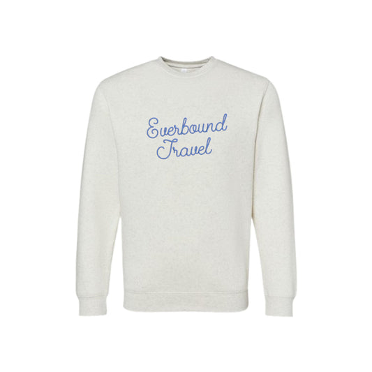 White sweatshirt with 'Everbound Travel' text on a white background