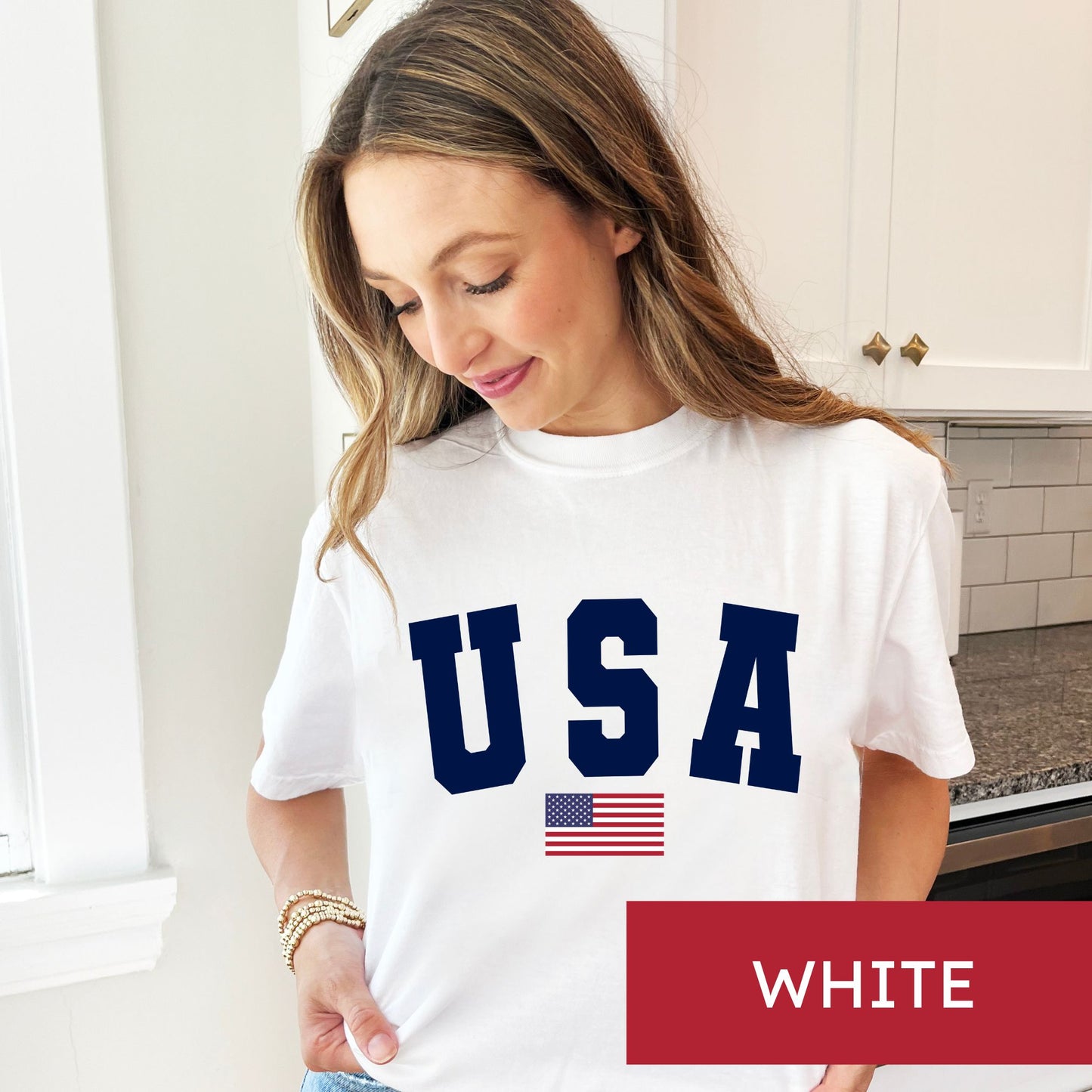 woman wearing a blue jean comfort colors t-shirt with usa american flag printed design