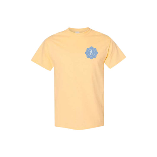 Yellow t-shirt with a blue logo on a white background