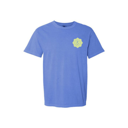 Blue t-shirt with a yellow logo on a white background
