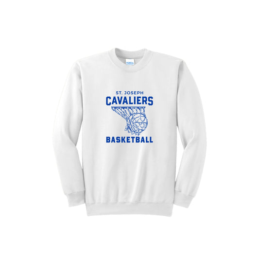 White sweatshirt with 'St. Joseph Cavaliers Basketball' and basketball going into net design printed on the front in royal blue ink