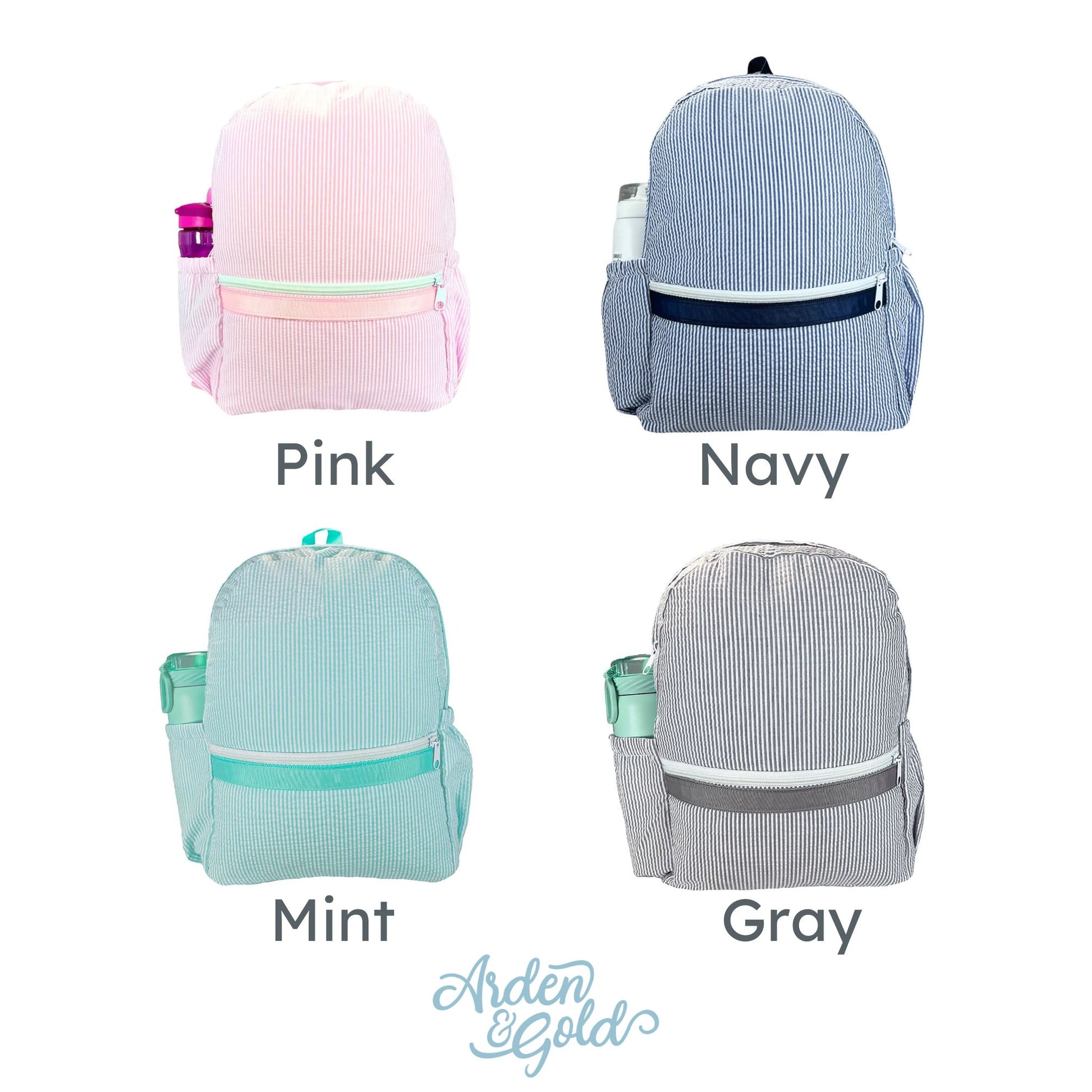 Seersucker backpack color sheet, pink, navy, mint, and gray