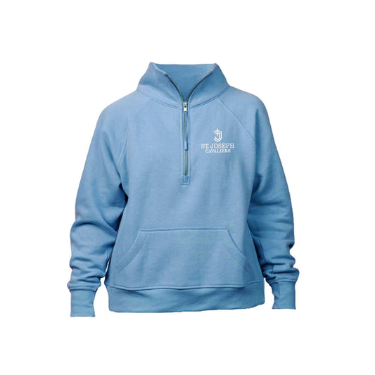 MISTY BLUE LADIES BOXY QUARTER ZIP FLEECE WITH CUTOM SJS EMBROIDERED LOGO IN WHITE THREAD ON THE LEFT CHEST