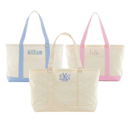 blue and pink gingham and natural coated canvas medium totes with custom embroidery in a variety of fonts and thread colors