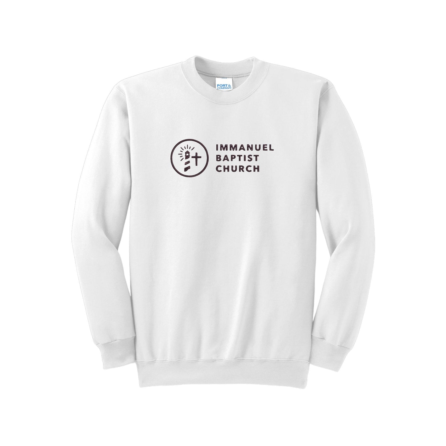 white crewneck sweatshirt with immanuel baptist church embroidered logo