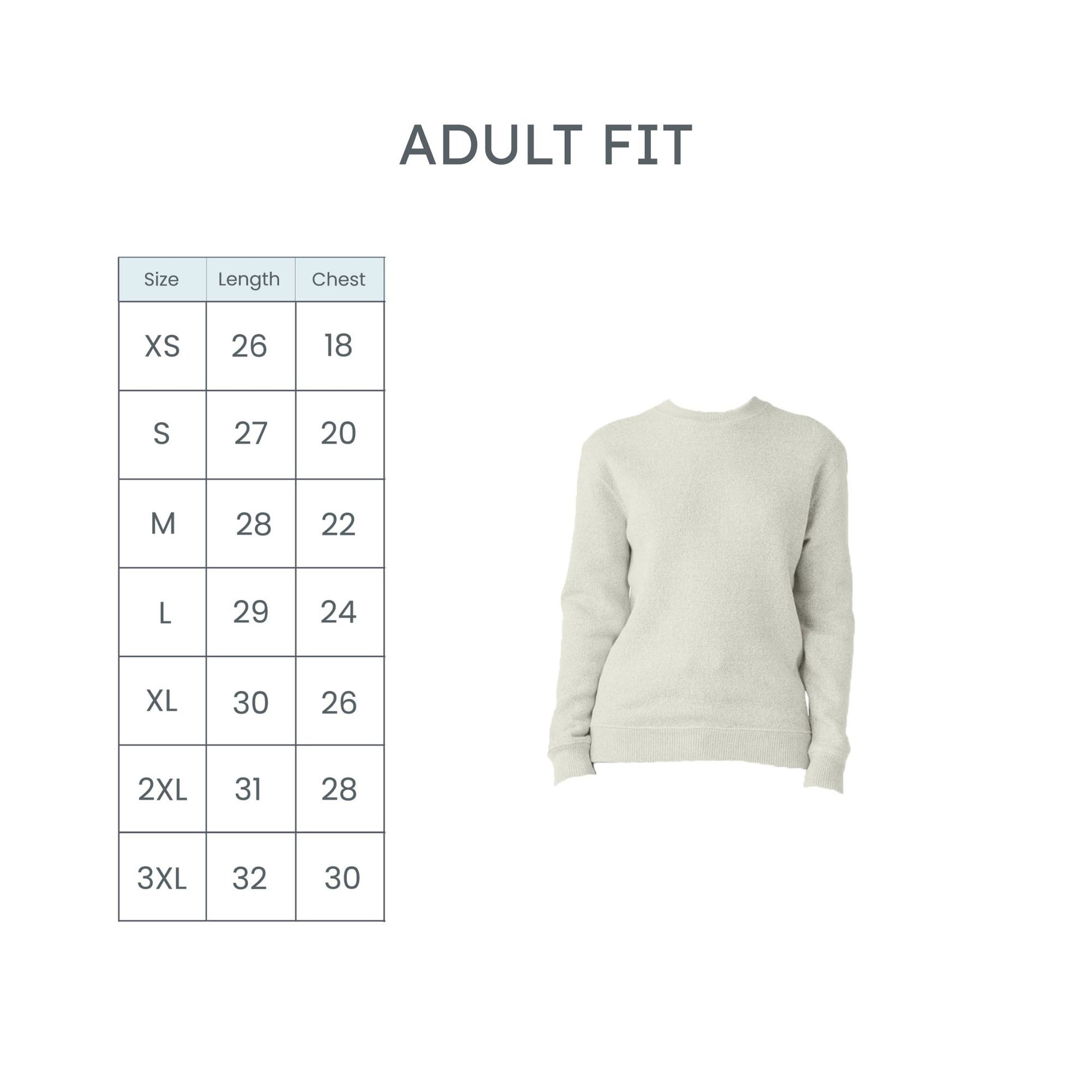 Light gray sweater with size chart on a white background