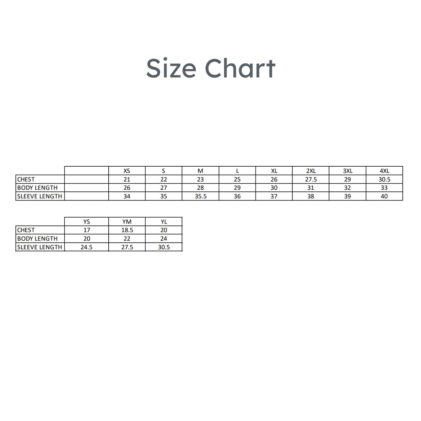 A size chart table on a white background with the heading 'Size Chart' at the top. The chart lists measurements for chest, body length, and sleeve length across sizes XS through 4XL, with additional smaller size columns below.