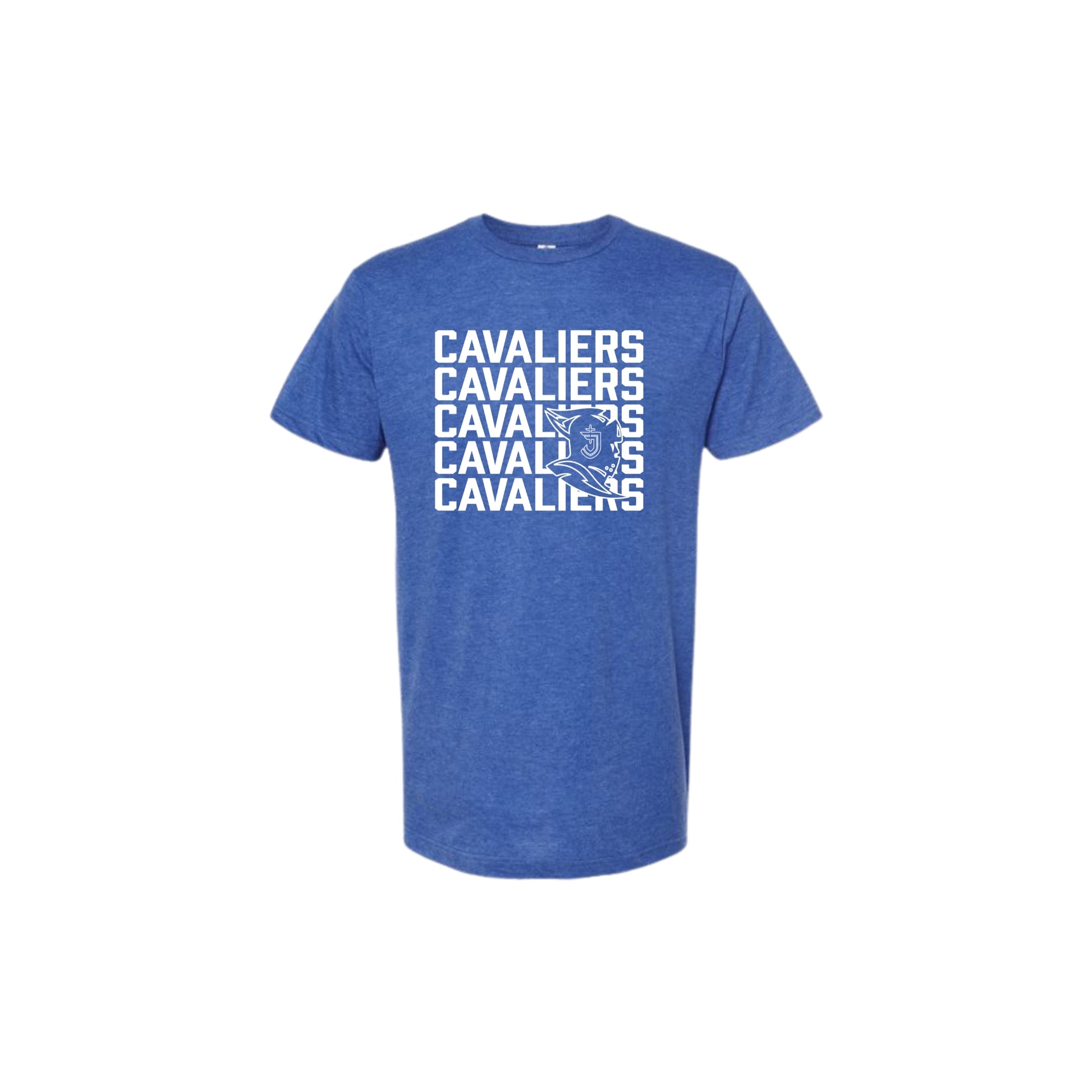 Blue t-shirt with 'Cavaliers' text design on a white background