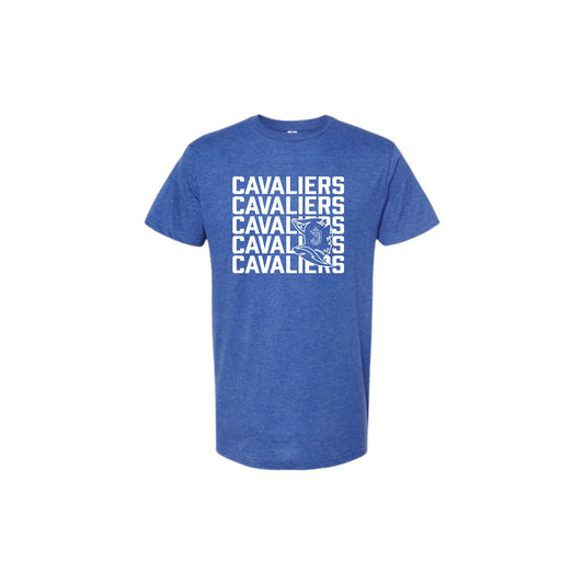 Blue t-shirt with 'Cavaliers' text design on a white background