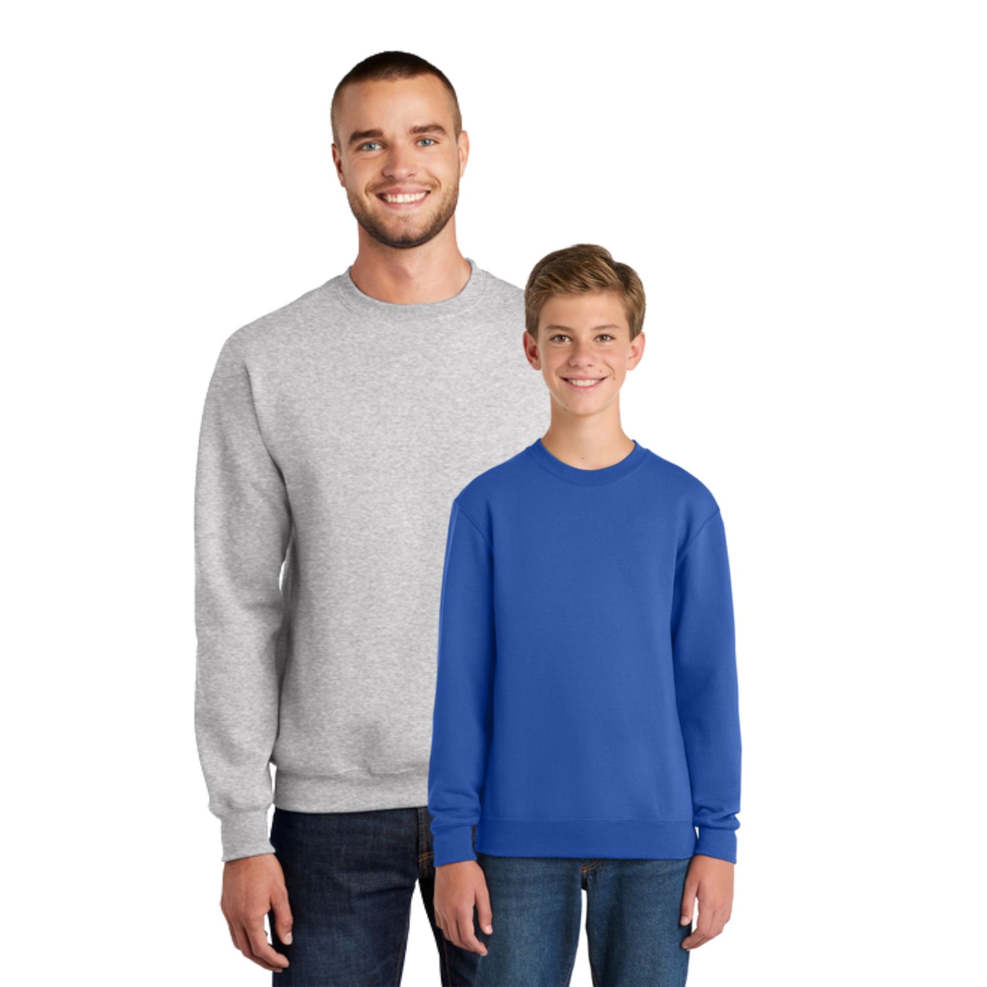 Man and boy wearing gray and blue sweatshirts on a white background