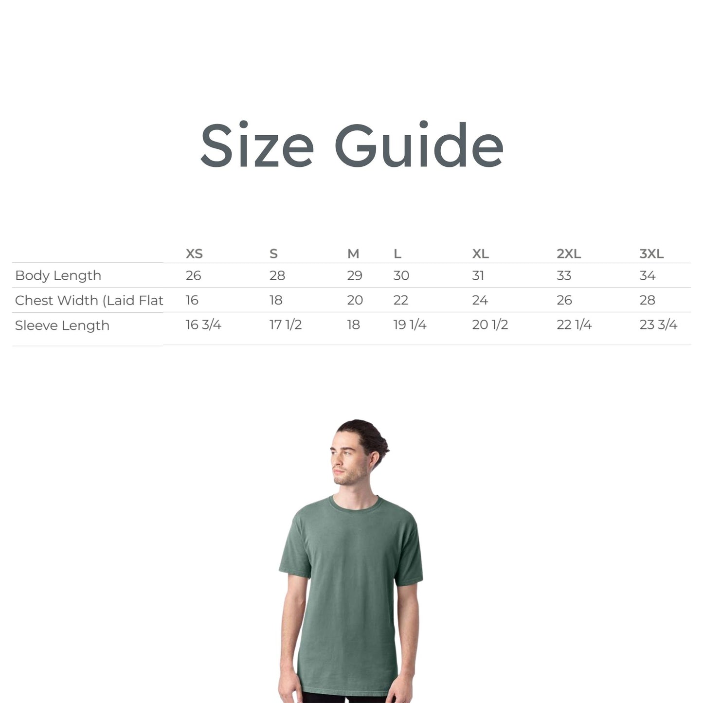Size guide for shirts with a man wearing a green shirt on a white background