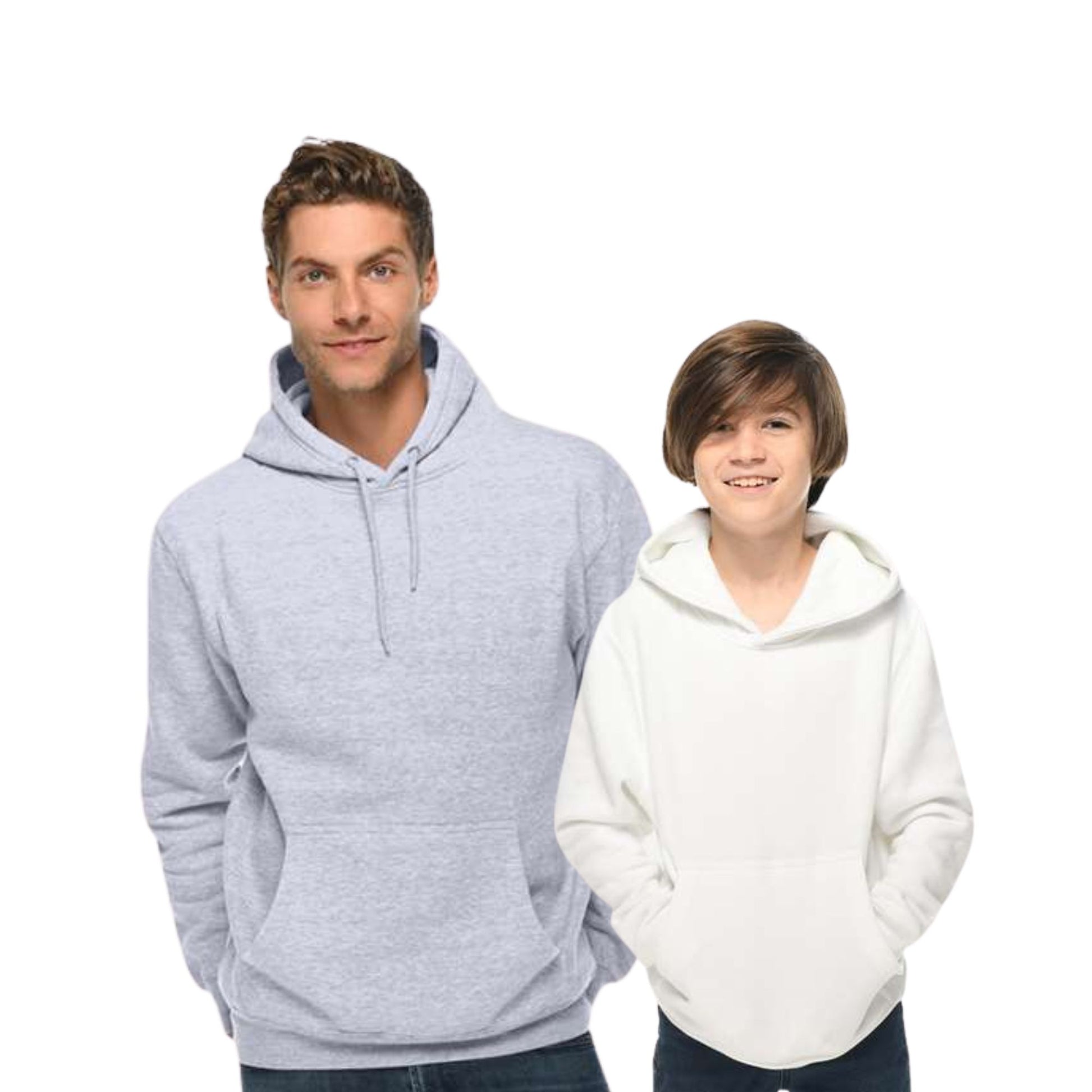 Man wearing a heather grey hoodie and boy wearing a white hoodie
