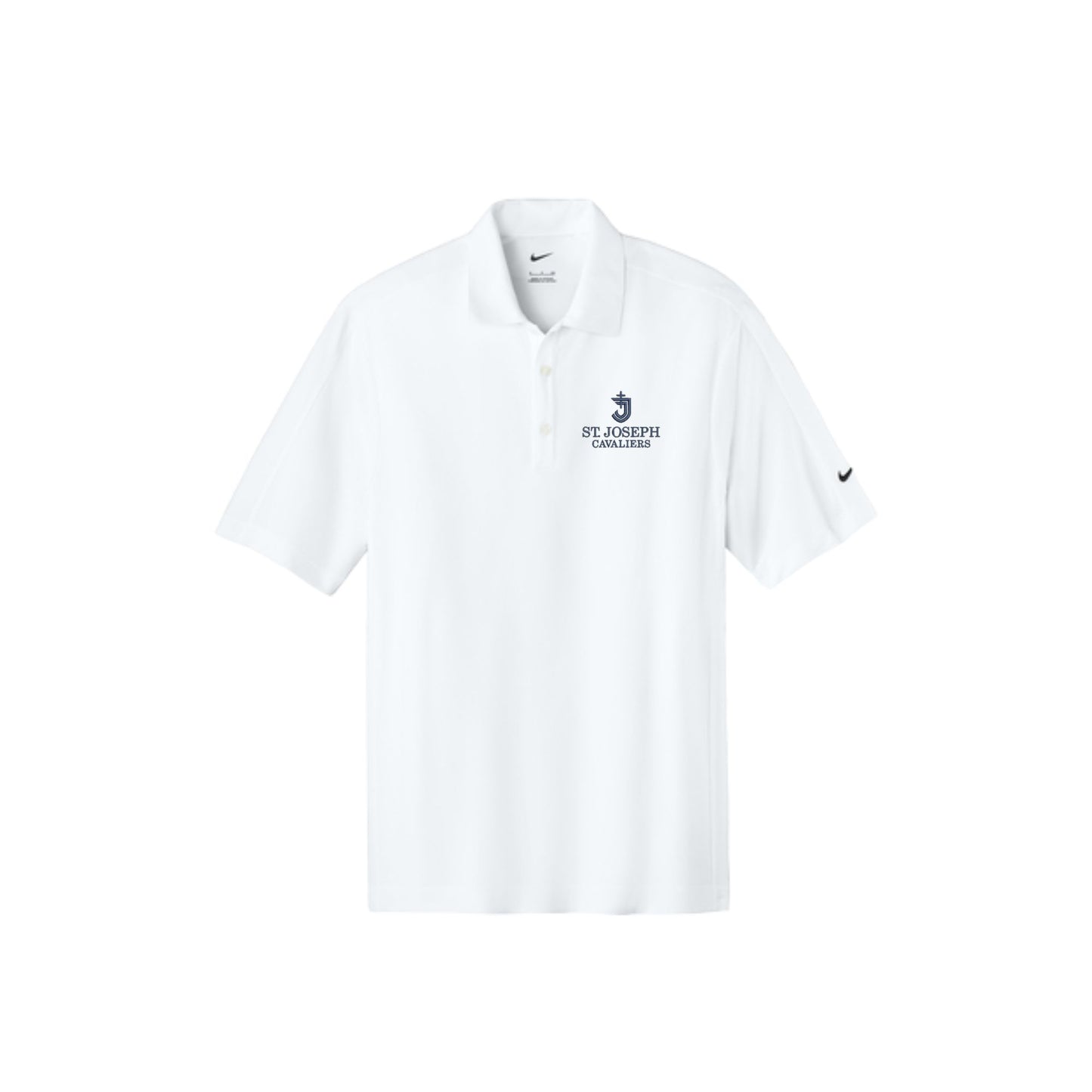 white polo shirt with sjs logo embroidered on a white background