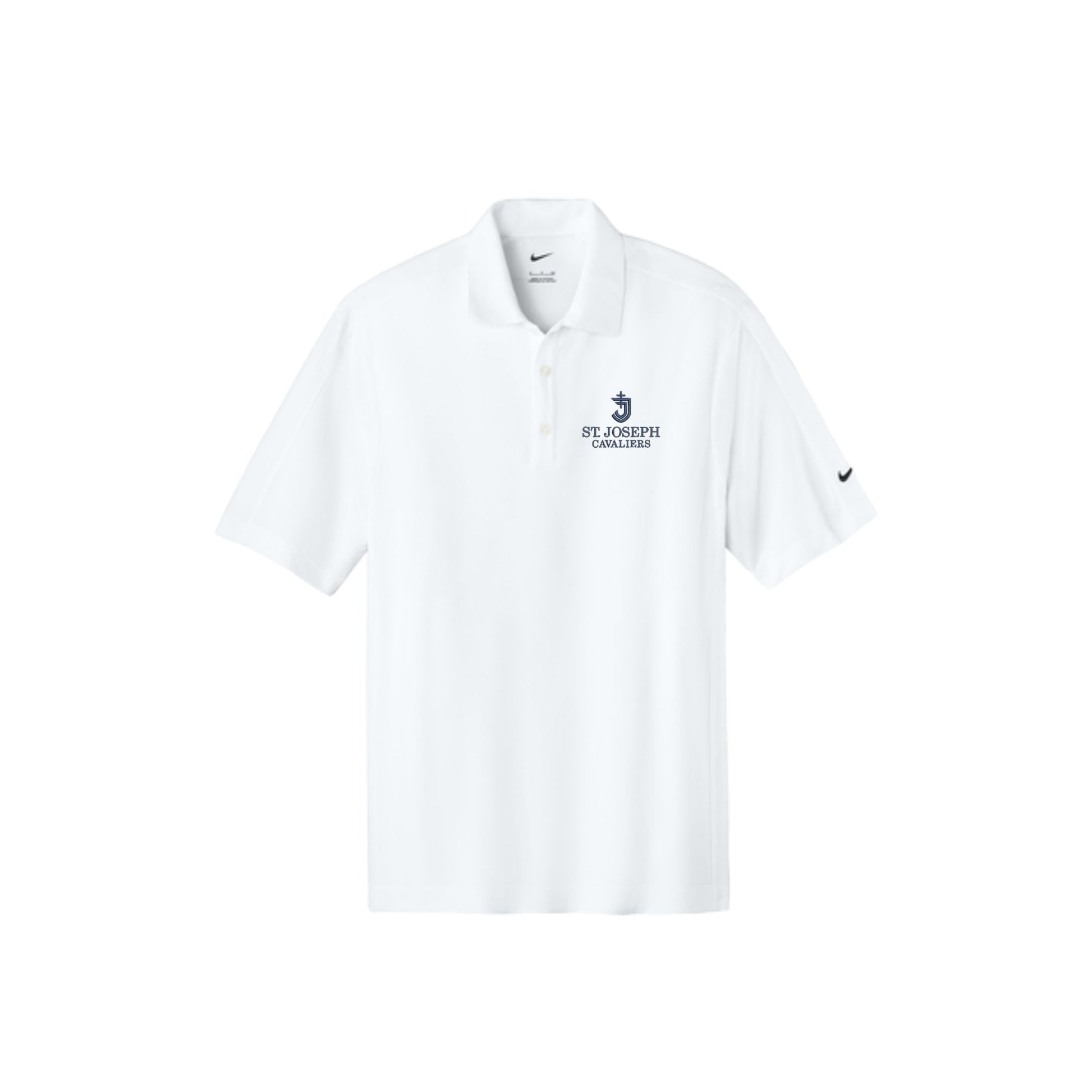 white polo shirt with sjs logo embroidered on a white background