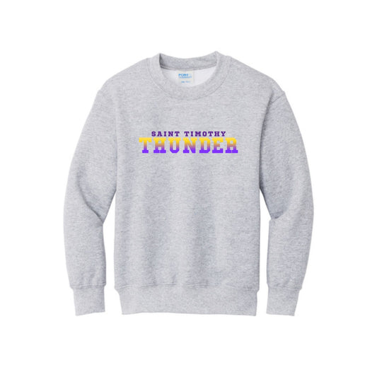 Gray sweatshirt with 'Saint Timothy Thunder' text on a white background