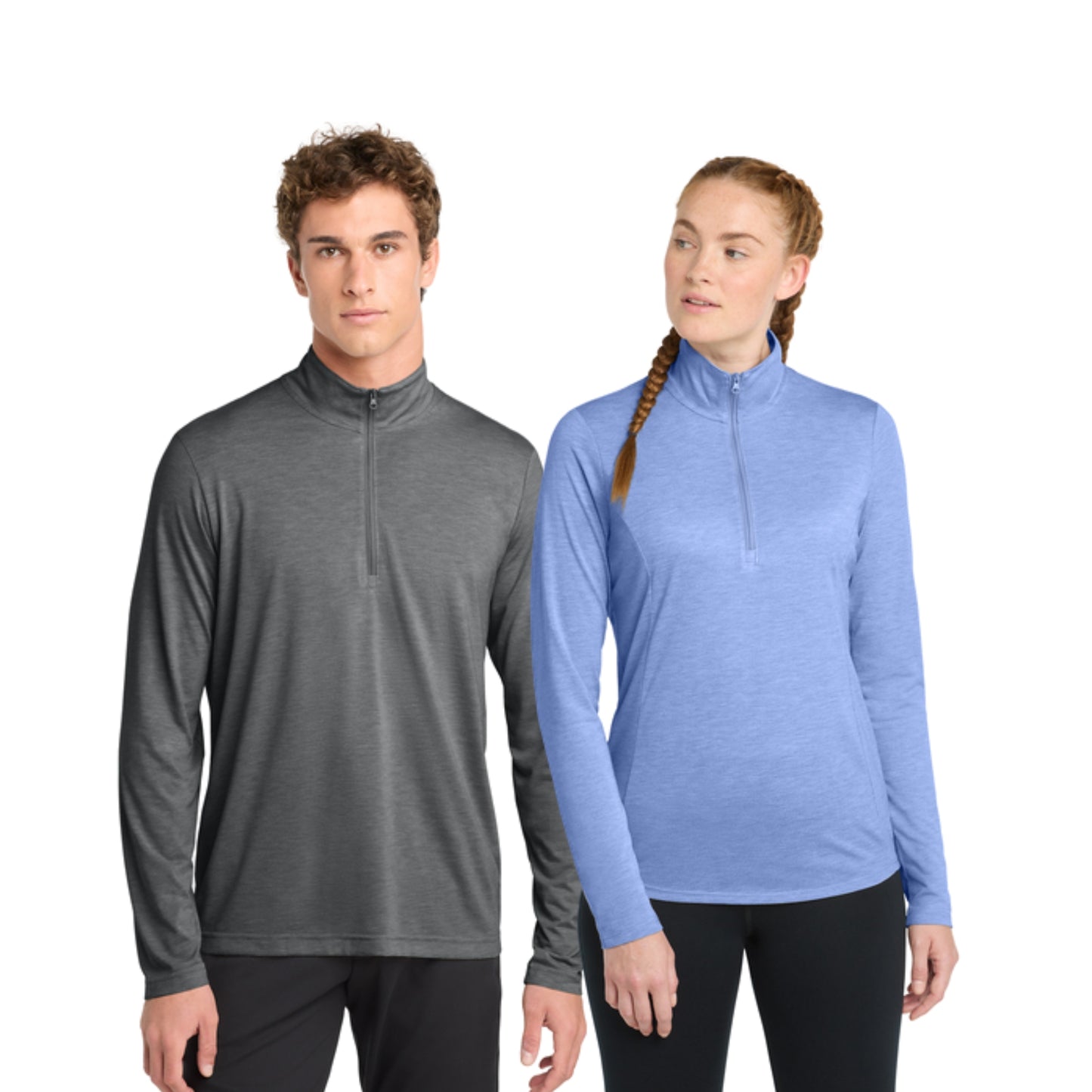 Two people wearing gray and blue long-sleeve quarter-zip shirts on a white background