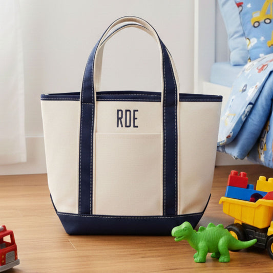 canvas tote bag with navy accents and 'RDE' initials on a wooden floor with toys around