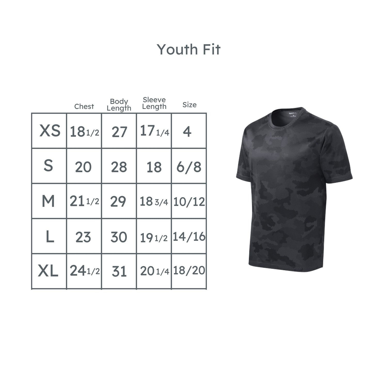 youth camohex tee size chart