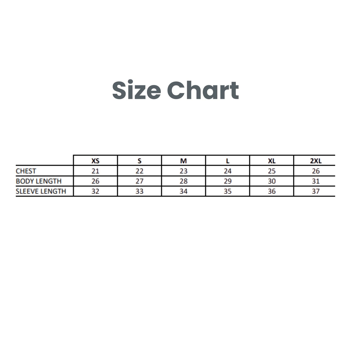 A size chart table with columns labeled XS, S, M, L, XL, and 2XL, showing chest, body length, and sleeve length measurements on a white background.