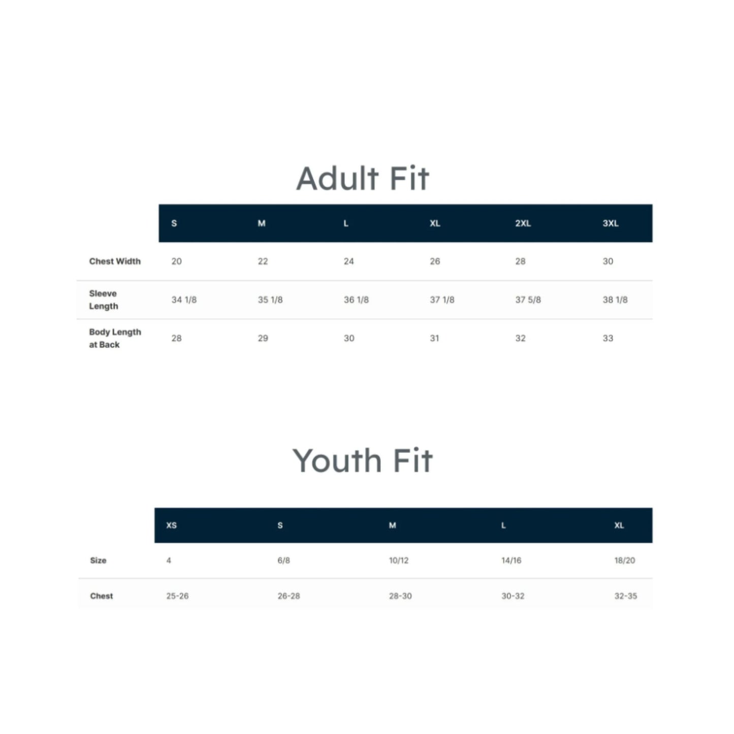 A size guide chart showing adult and youth fit tables with chest width, sleeve length, and body length measurements for sizes S through XL.
