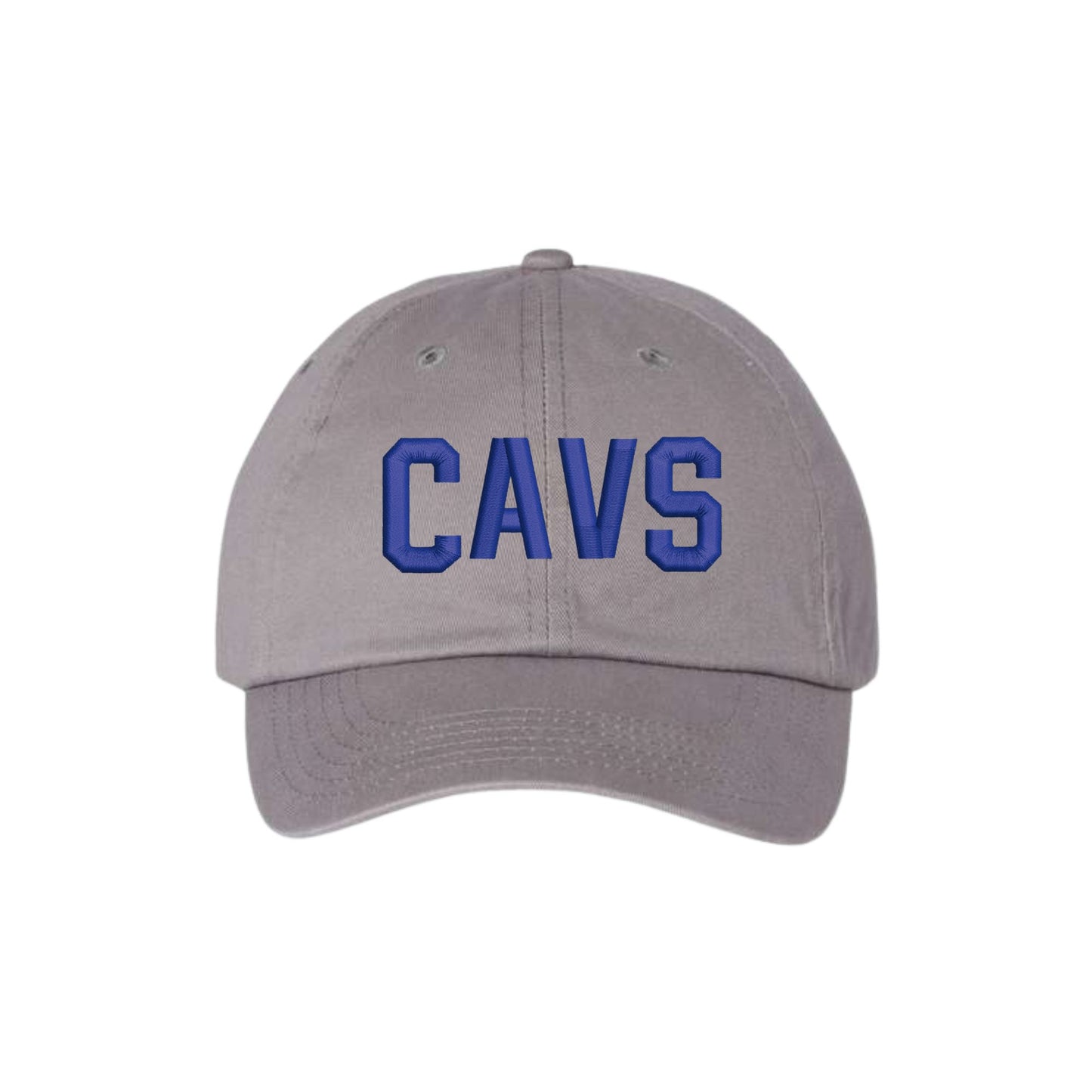 Gray cap with 'CAVS' in blue on a white background