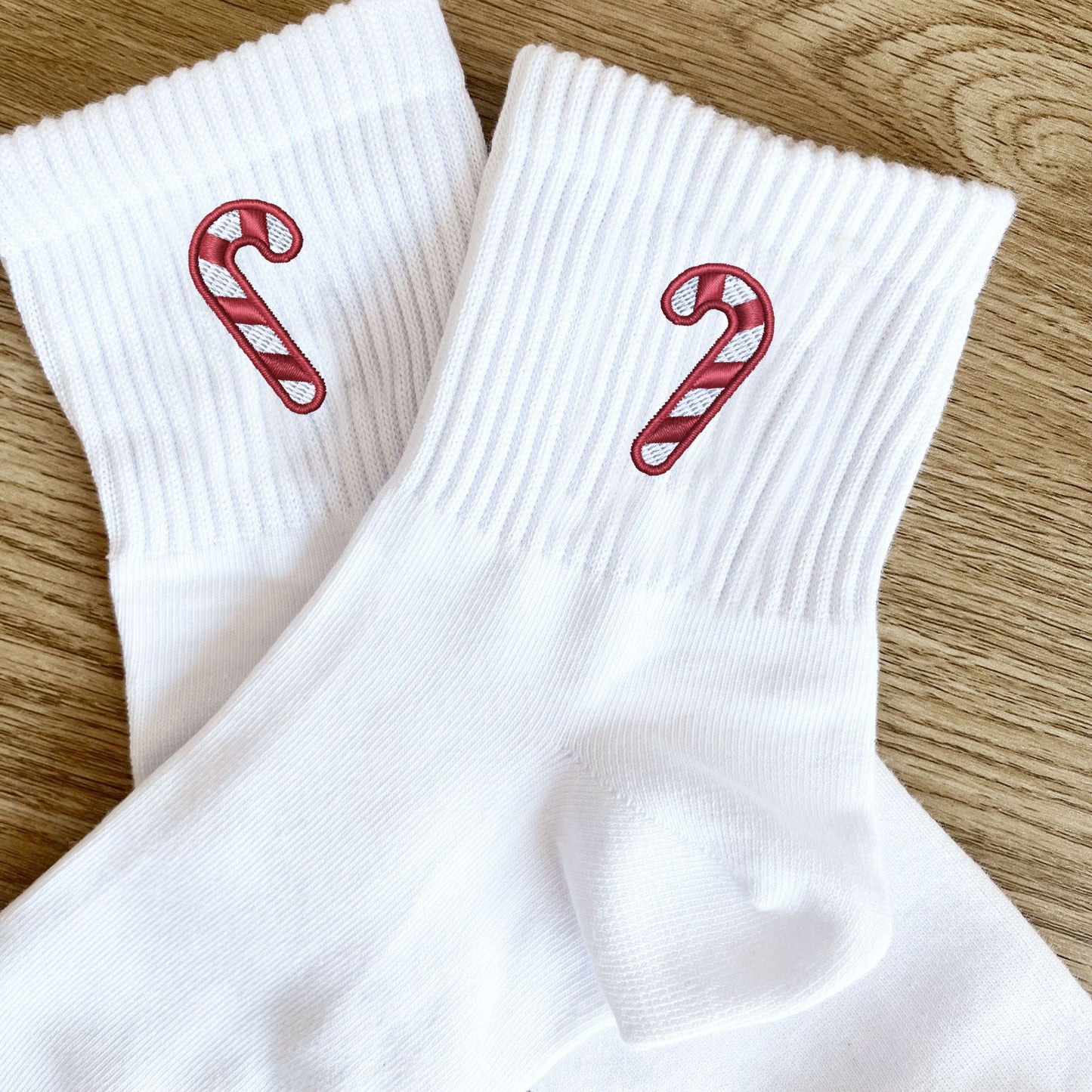 ankle high white socks with embroidered red and white candy cane