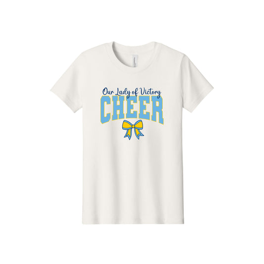 An off-white short-sleeve crewneck t-shirt featuring a graphic print on the front that reads 'Our Lady of Victory CHEER' in blue and yellow, with a matching blue and yellow cheer ribbon below.