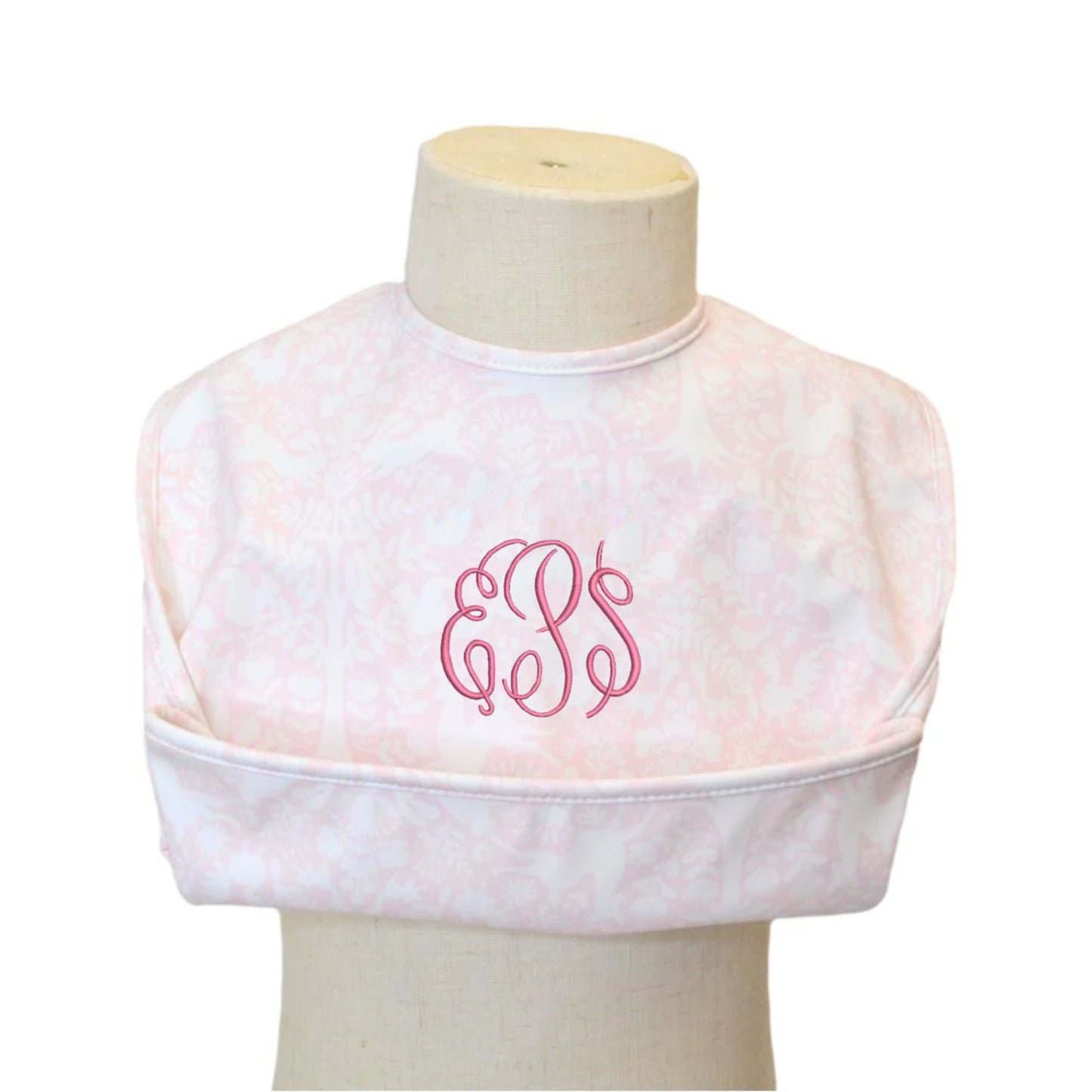 woodland pink baby bib with name embroidery