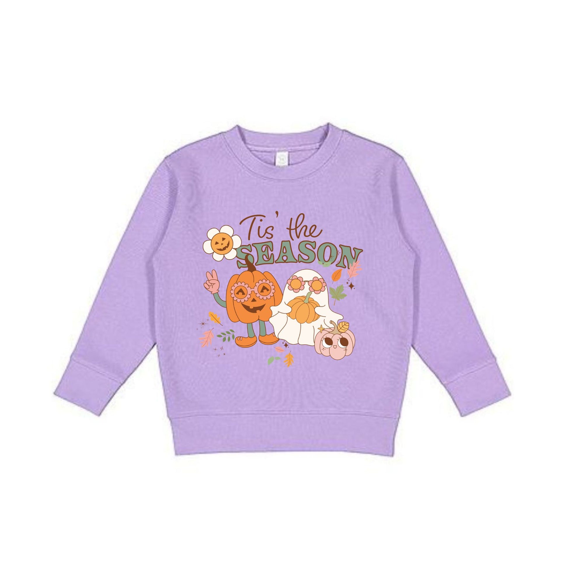 lavender sweatshirt with a fun and cute halloween print featuring a pumpkin wearing flower glasses and doing a peace sign and a cute ghost wearing flower glasses and holding a flower. Also has falling leaves and a mini pumpkin with a smiley face