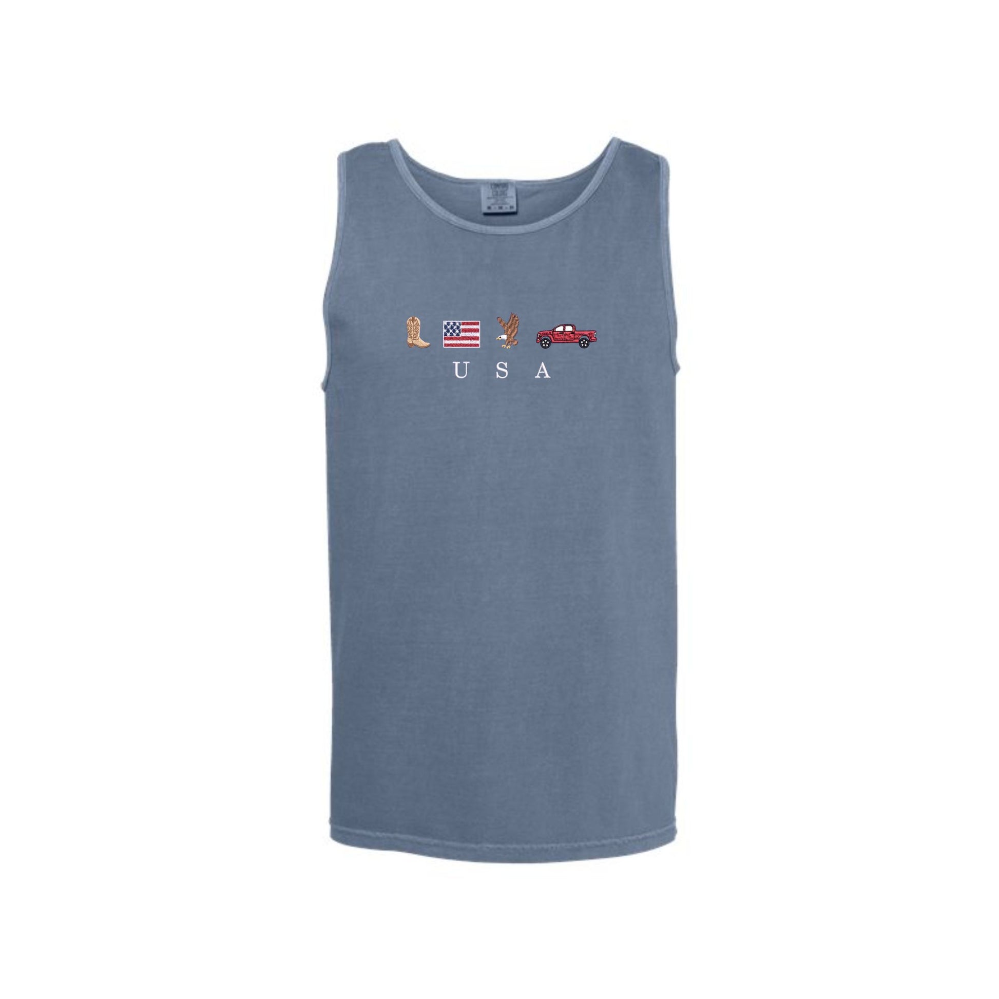 blue jean comfort colors tank top with custom usa icon embroidered design on the center chest featuring a cowboy boot, american flag, bald eagle, and a pickup truck