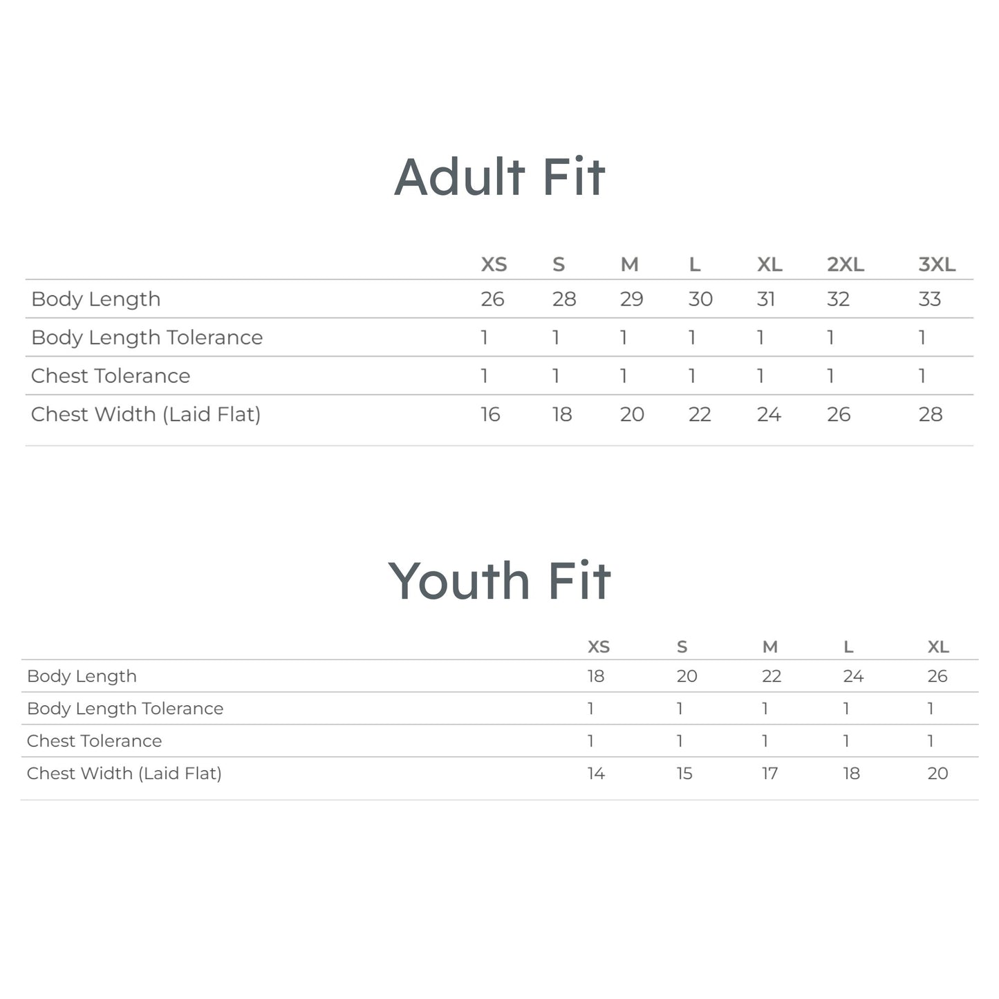 Measurement chart for adult and youth fits with body length, chest width, and tolerance details.