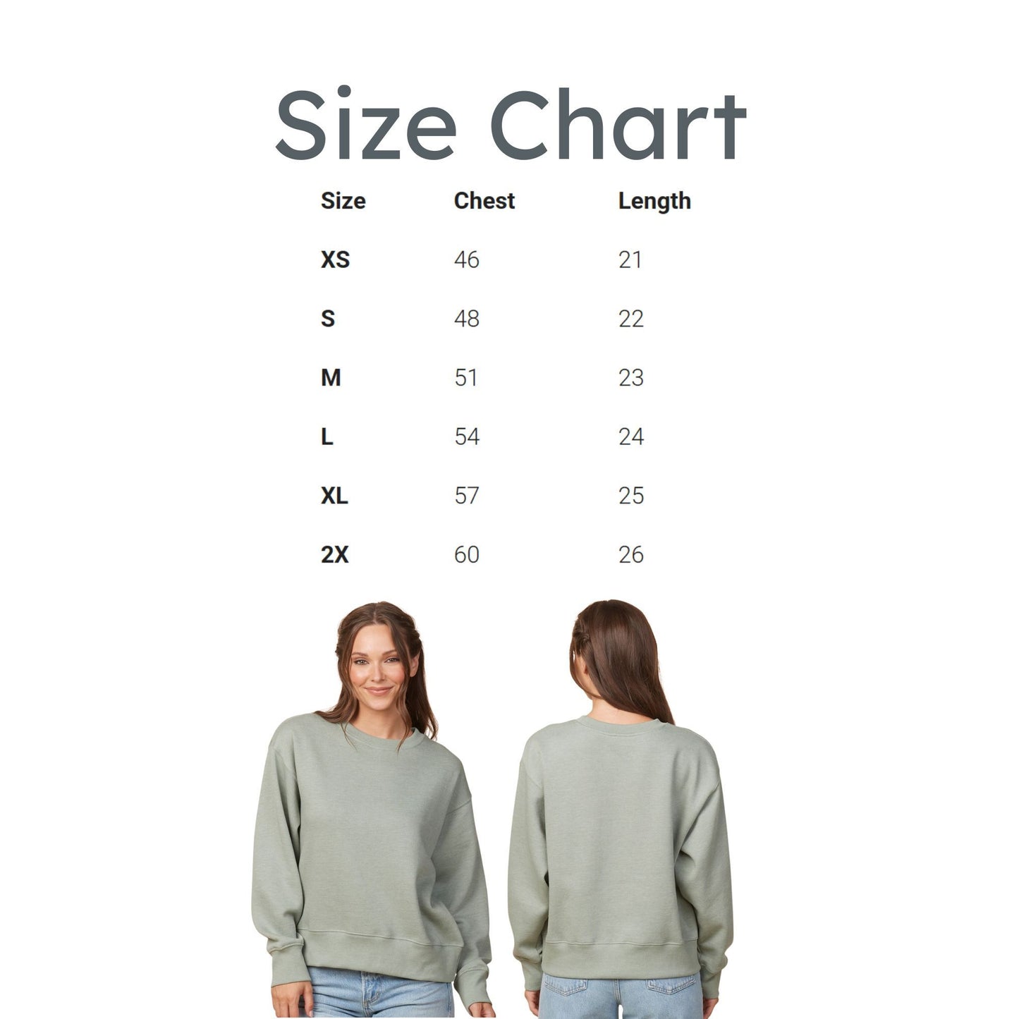 Size chart for a sweatshirt with measurements in chest and length, featuring two models wearing the sweatshirt.