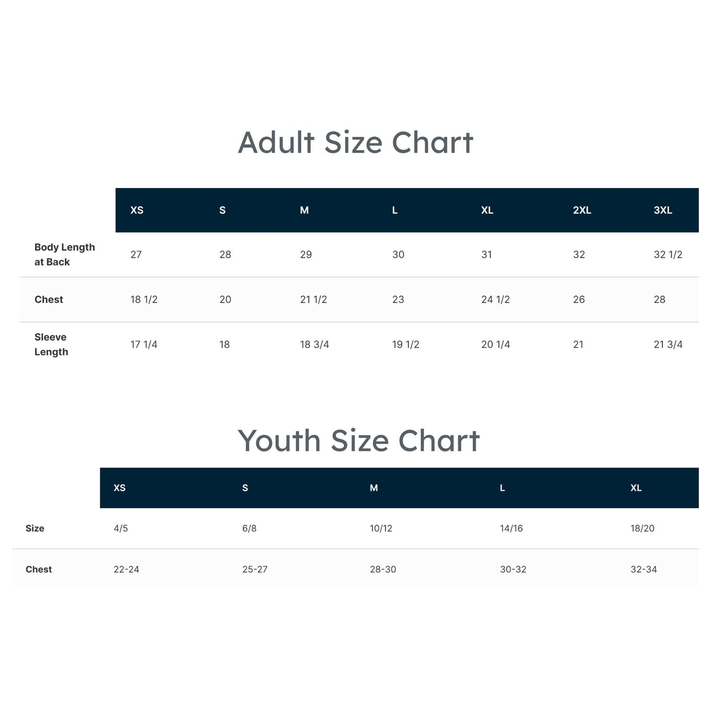 adult and youth size charts