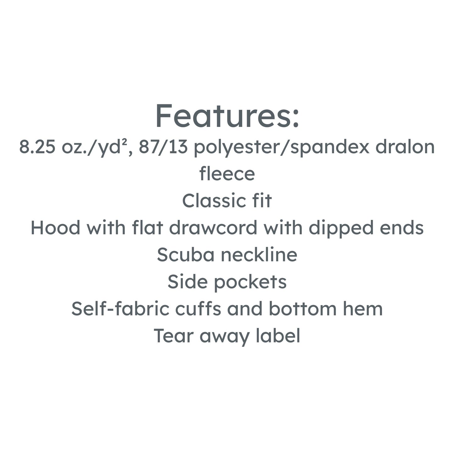 List of features for a garment on a white background