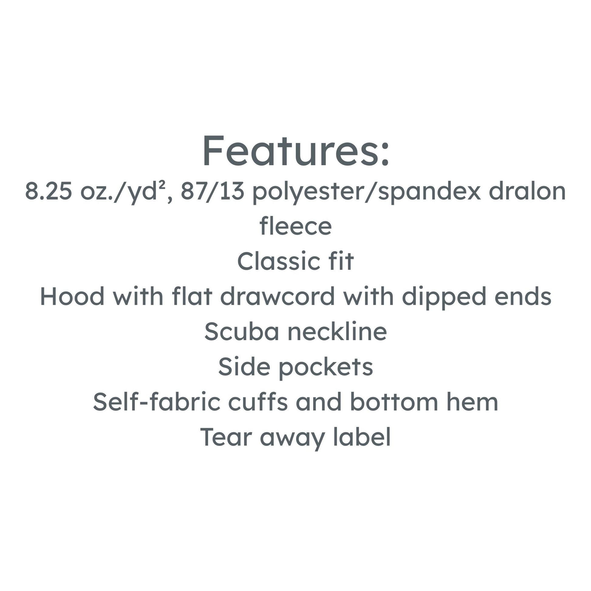 List of features for a garment on a white background