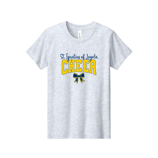 A light heather gray short-sleeve t-shirt with a graphic on the chest reading 'St. Ignatius of Loyola CHEER' in blue and yellow, featuring a blue and yellow ribbon bow below.
