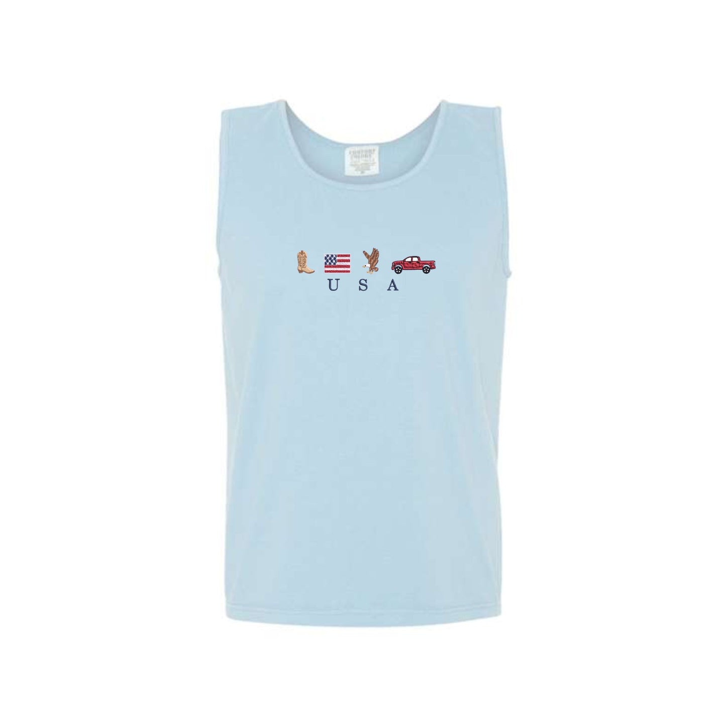 chambray comfort colors tank top with custom usa icon embroidered design on the center chest featuring a cowboy boot, american flag, bald eagle, and a pickup truck