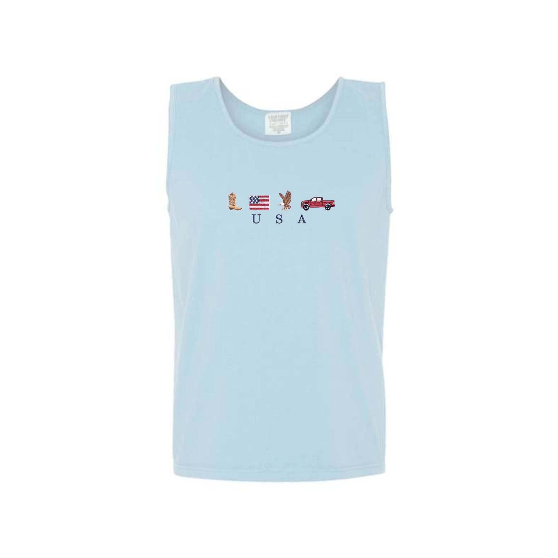 chambray comfort colors tank top with custom usa icon embroidered design on the center chest featuring a cowboy boot, american flag, bald eagle, and a pickup truck