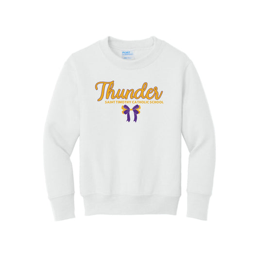 White sweatshirt with 'Thunder' and a logo on a white background