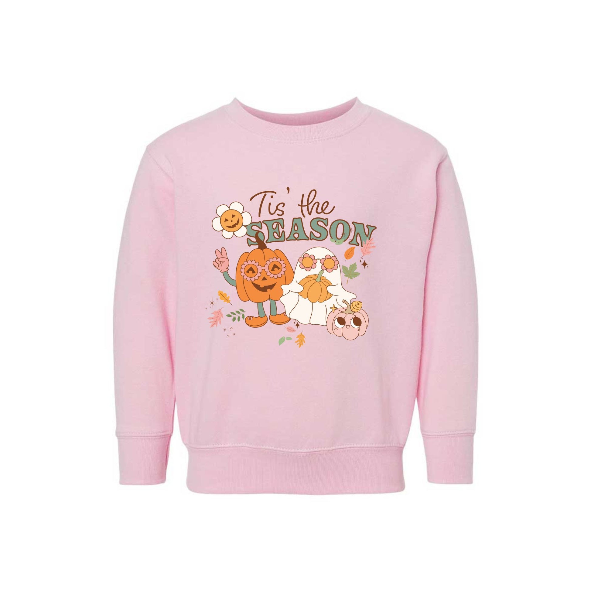 pink sweatshirt with a fun and cute halloween print featuring a pumpkin wearing flower glasses and doing a peace sign and a cute ghost wearing flower glasses and holding a flower. Also has falling leaves and a mini pumpkin with a smiley face