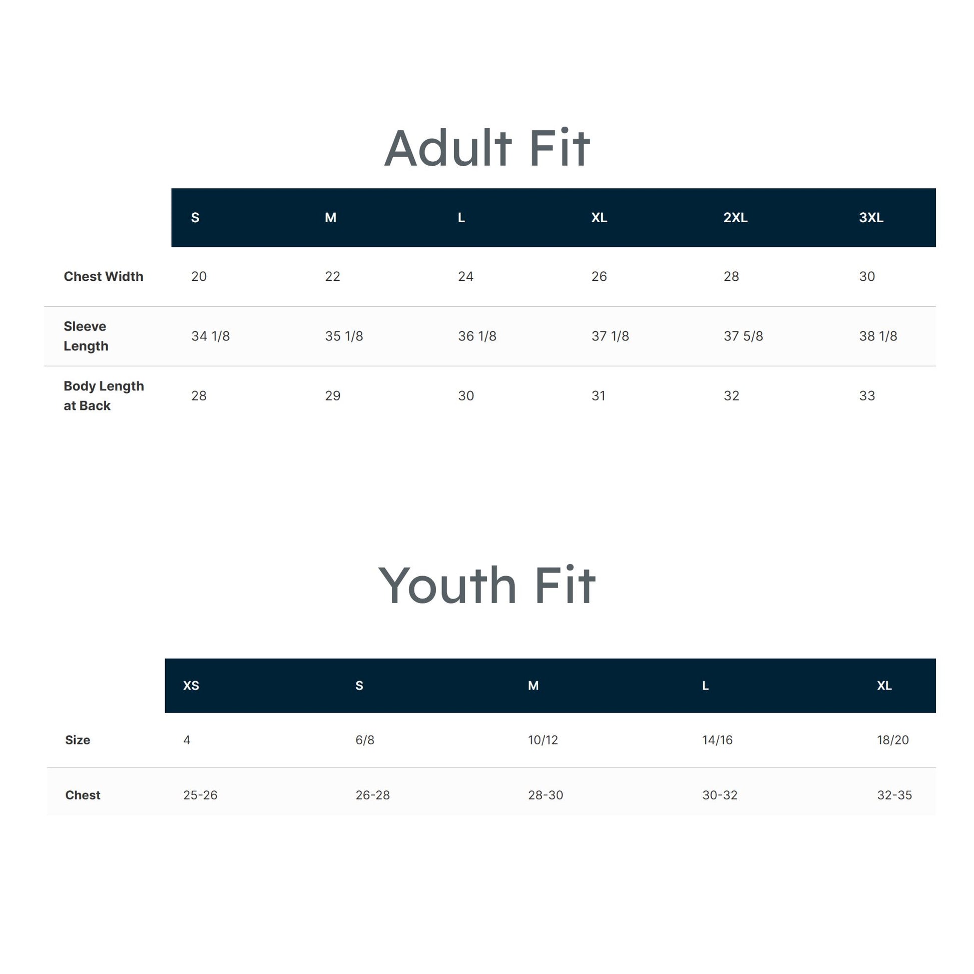 Size chart comparing adult and youth fits with measurements in inches.