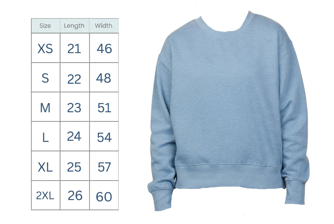 Light blue sweatshirt with 'St. Joseph School Mom' text and size chart on a white background