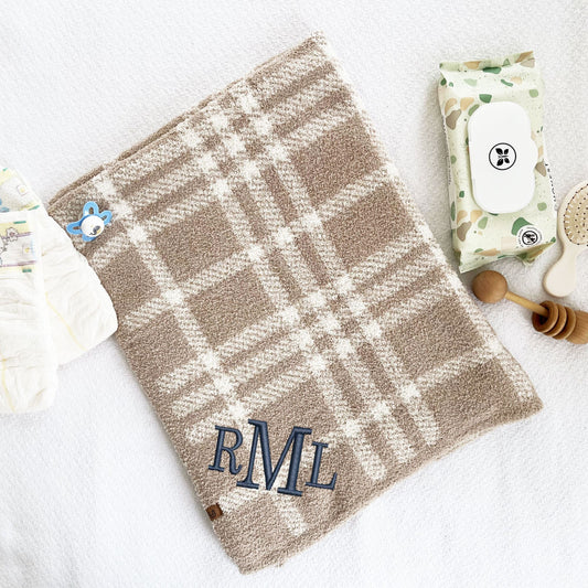ultra soft cream and tan plaid baby blanket with custom monogram embroidered on the corner in font 8 with navy thread