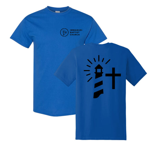 royal blue youth tee with immanuel baptist church logo on the front and large lighthouse print on the back