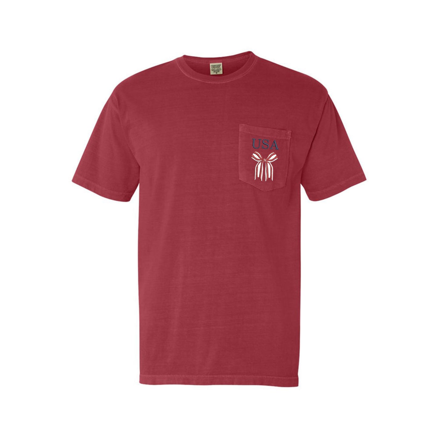 crimson comfort colors pocket tshirt with embroidered red and white striped bow and USA in navy above the bow embroidered on the pocket